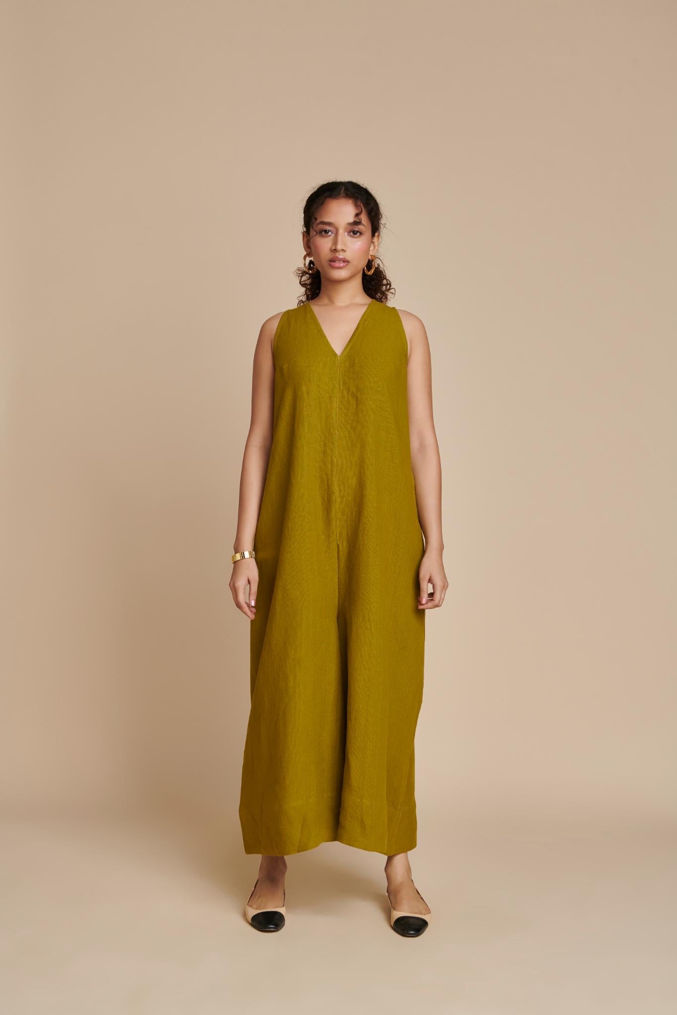 Mehendi Linen Flared Jumpsuit - CiceroniJumpsuitSaphed