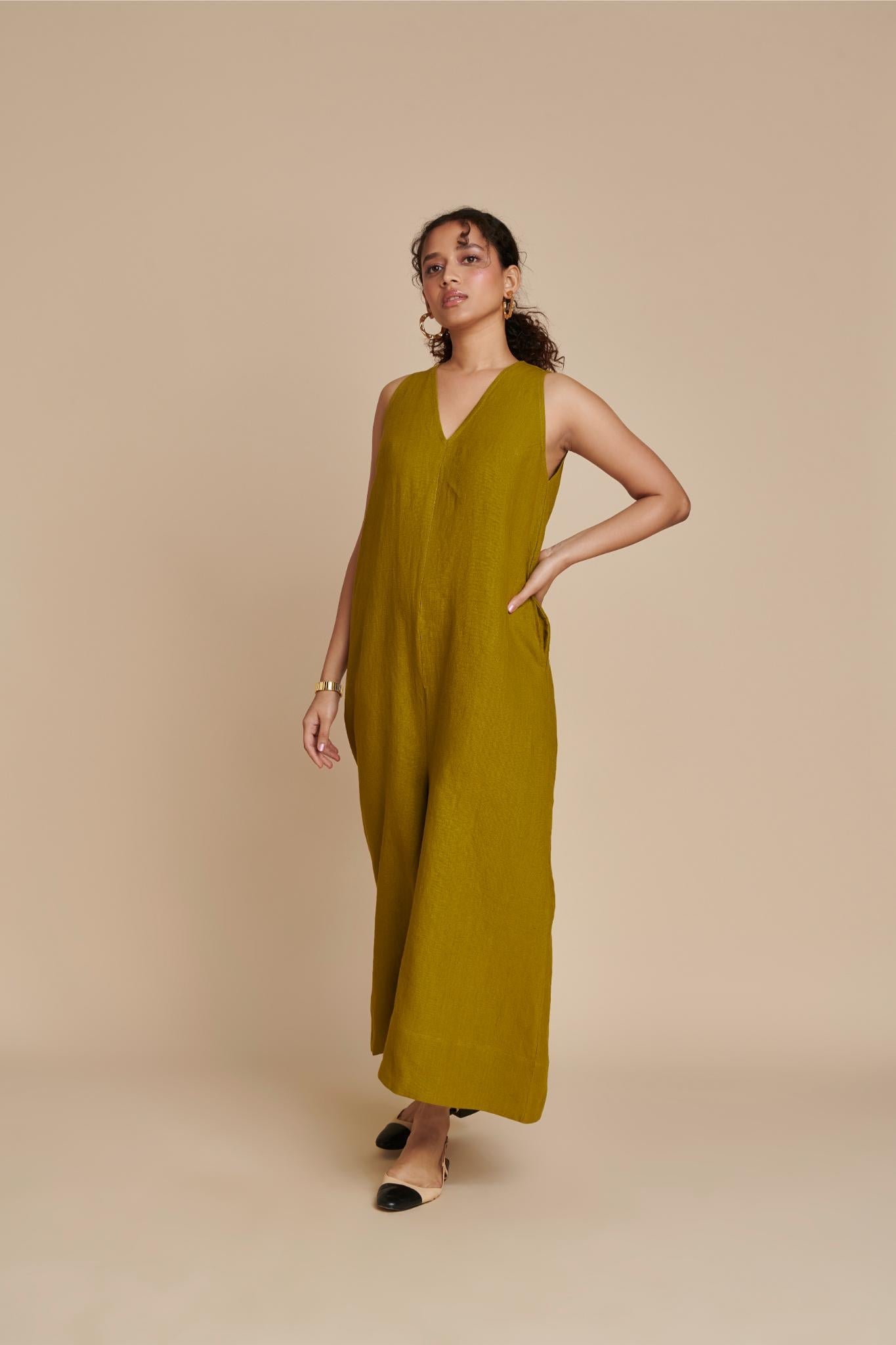 Mehendi Linen Flared Jumpsuit - CiceroniJumpsuitSaphed