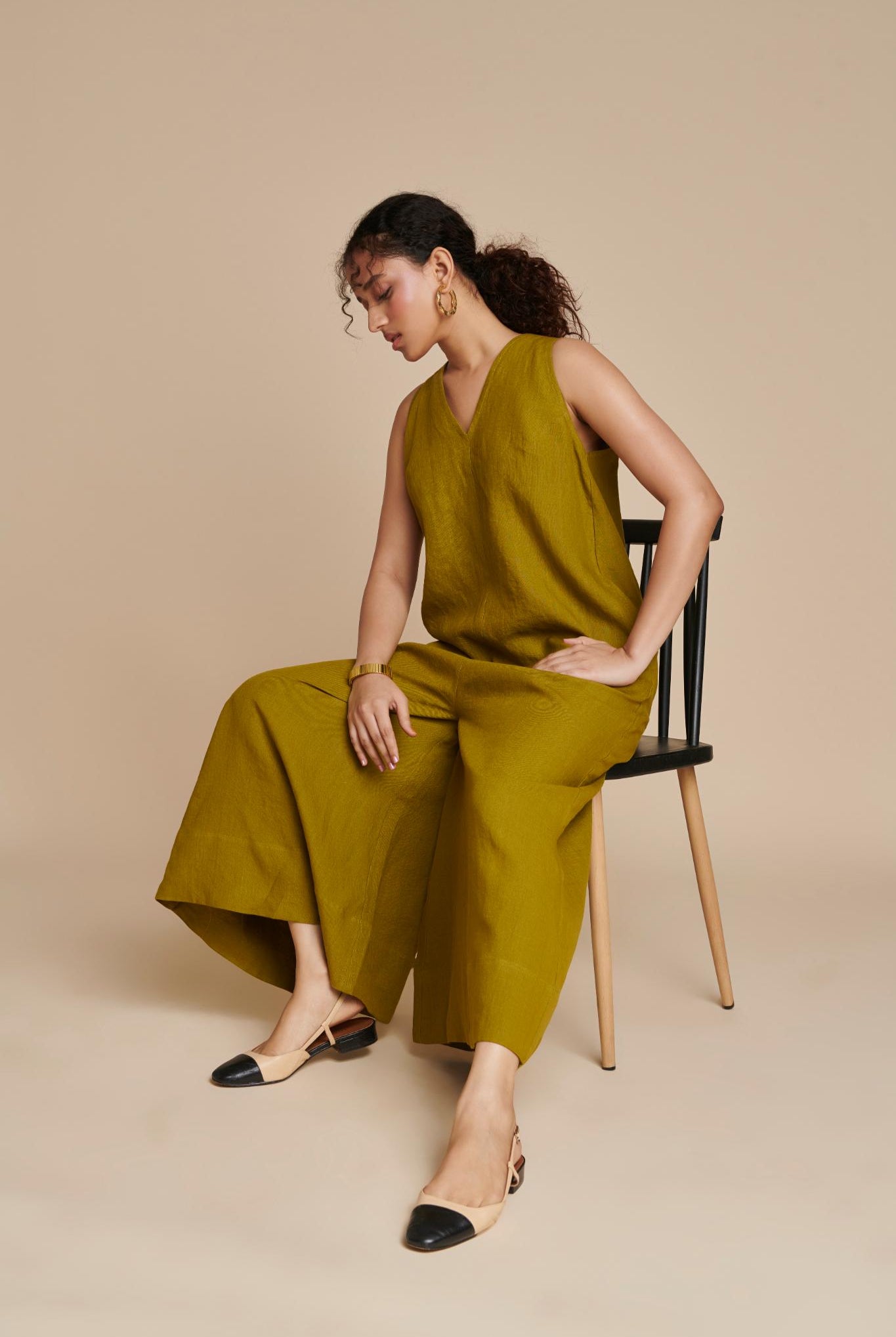 Mehendi Linen Flared Jumpsuit - CiceroniJumpsuitSaphed