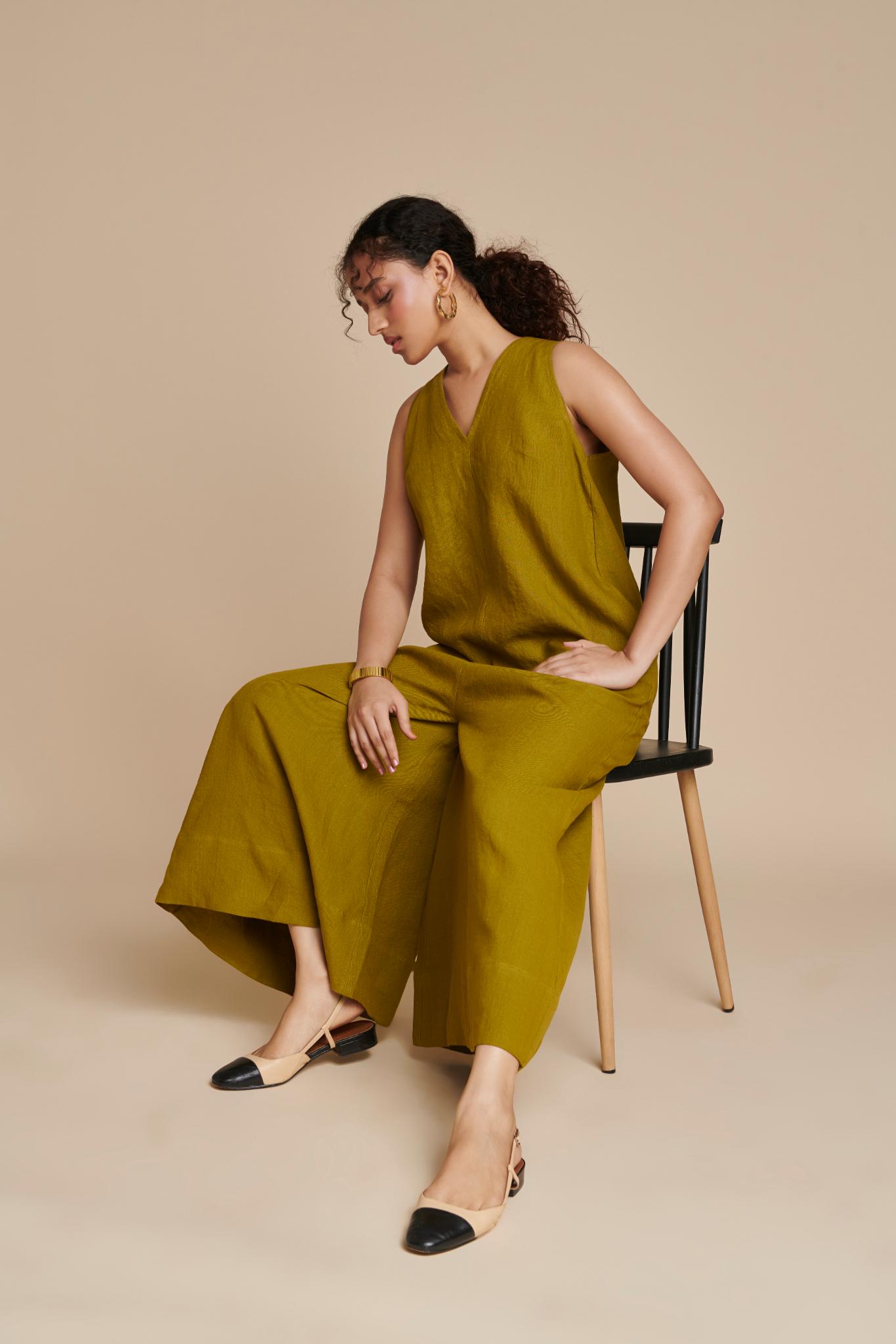 Mehendi Linen Flared Jumpsuit - CiceroniJumpsuitSaphed