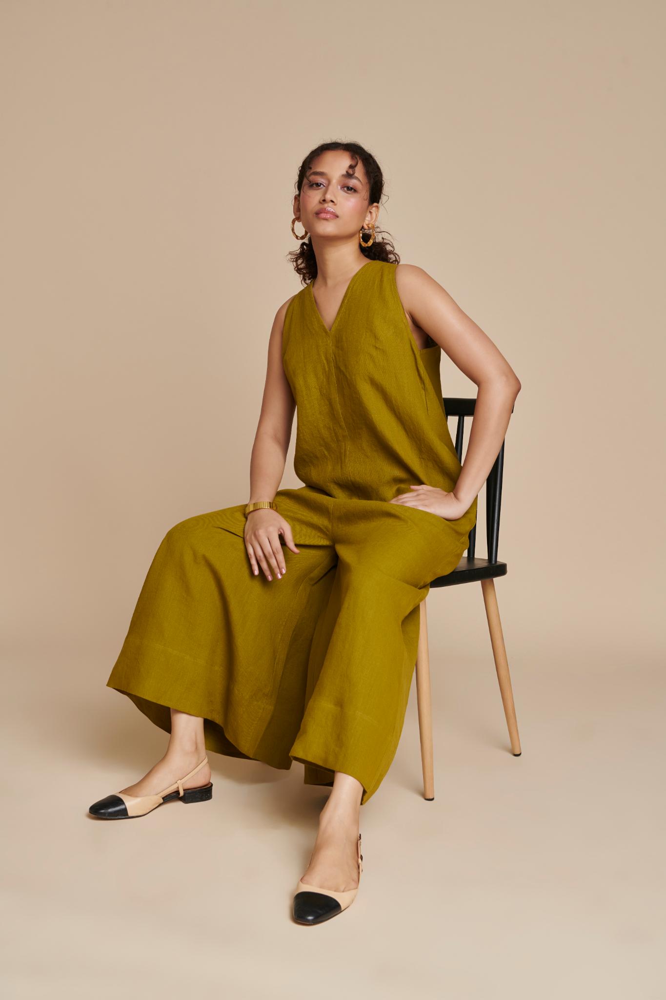 Mehendi Linen Flared Jumpsuit - CiceroniJumpsuitSaphed