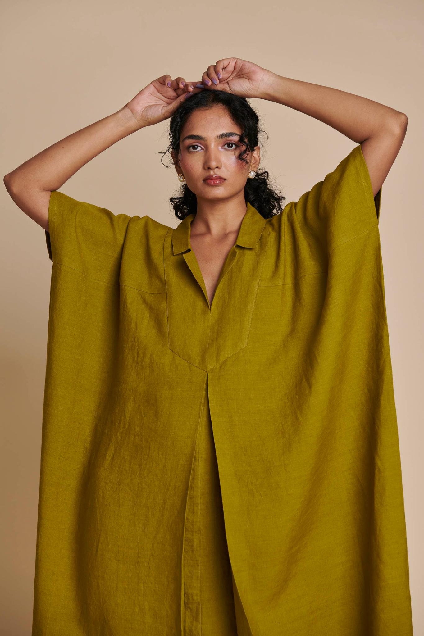 Mehendi Linen Kaftan Dress - CiceroniKaftan, DressSaphed