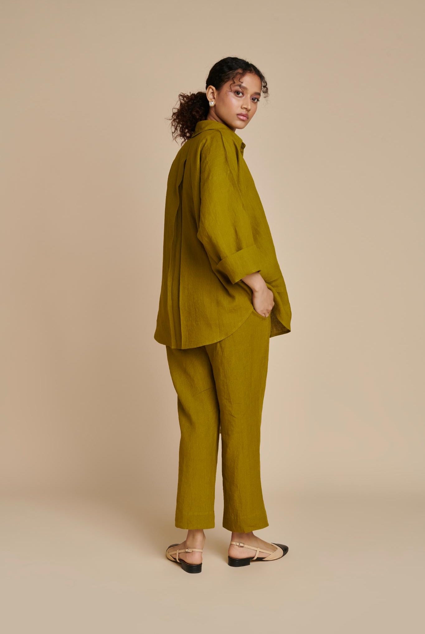 Mehendi Linen Oversized Flared Shirt Set - CiceroniCo-ord SetSaphed