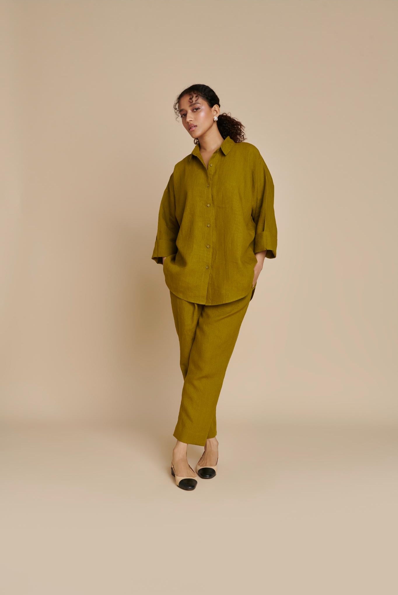 Mehendi Linen Oversized Flared Shirt Set - CiceroniCo-ord SetSaphed