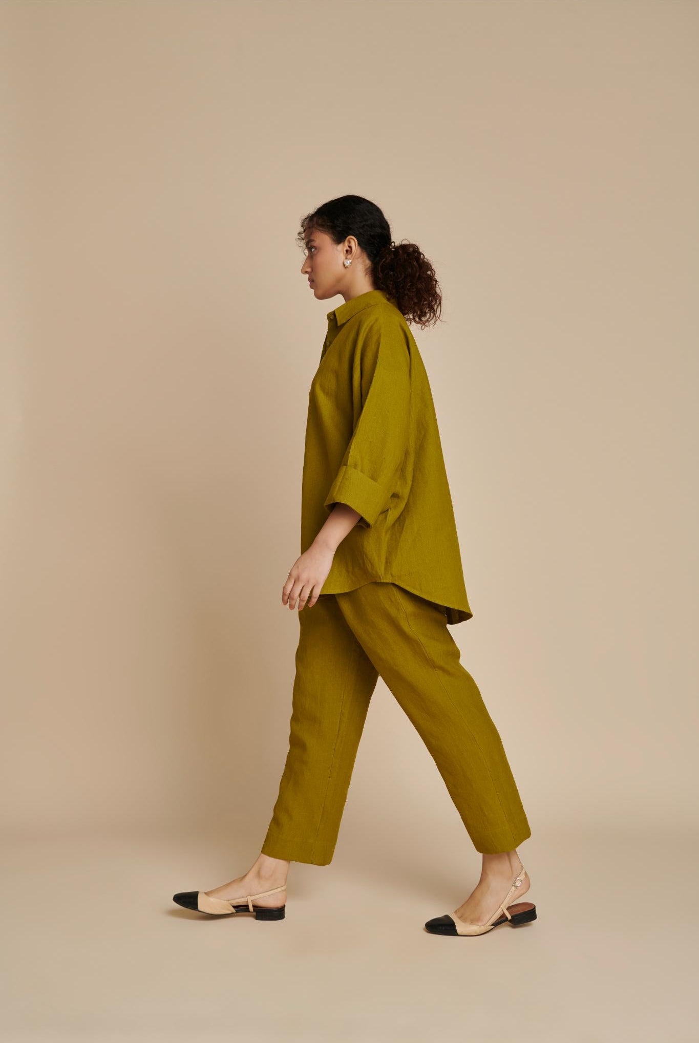 Mehendi Linen Oversized Flared Shirt Set - CiceroniCo-ord SetSaphed
