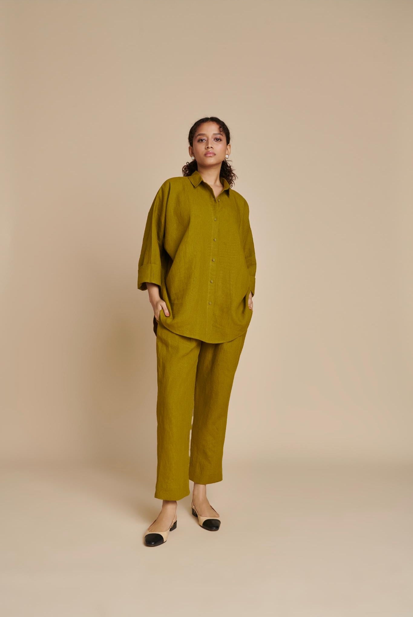 Mehendi Linen Oversized Flared Shirt Set - CiceroniCo-ord SetSaphed