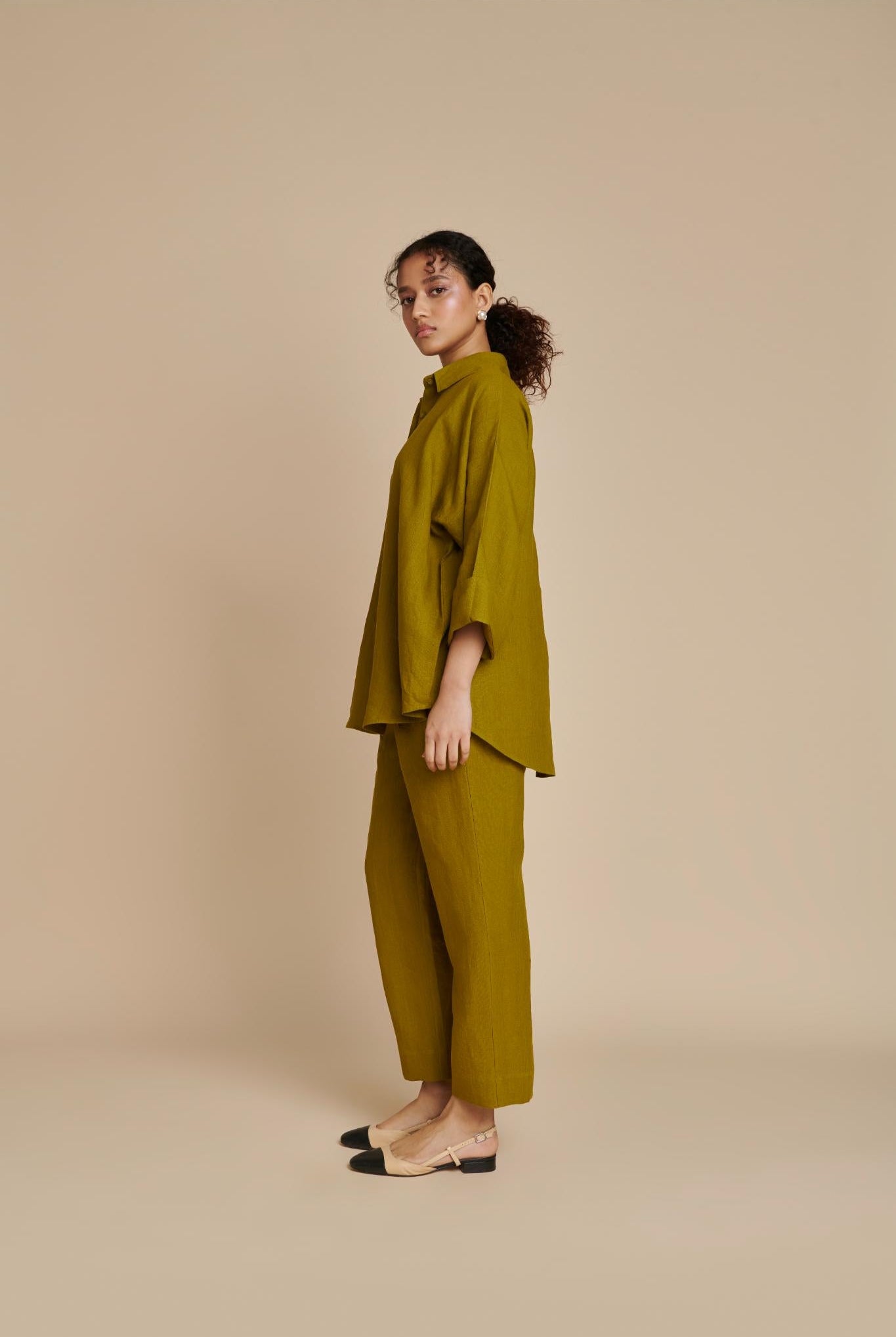 Mehendi Linen Oversized Flared Shirt Set - CiceroniCo-ord SetSaphed
