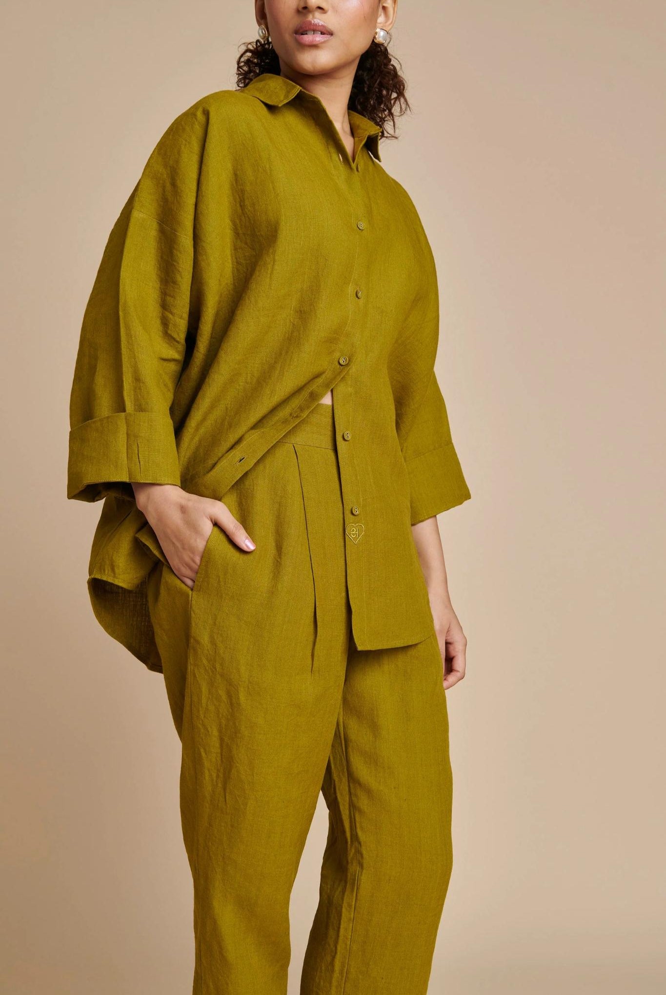 Mehendi Linen Oversized Flared Shirt Set - CiceroniCo-ord SetSaphed