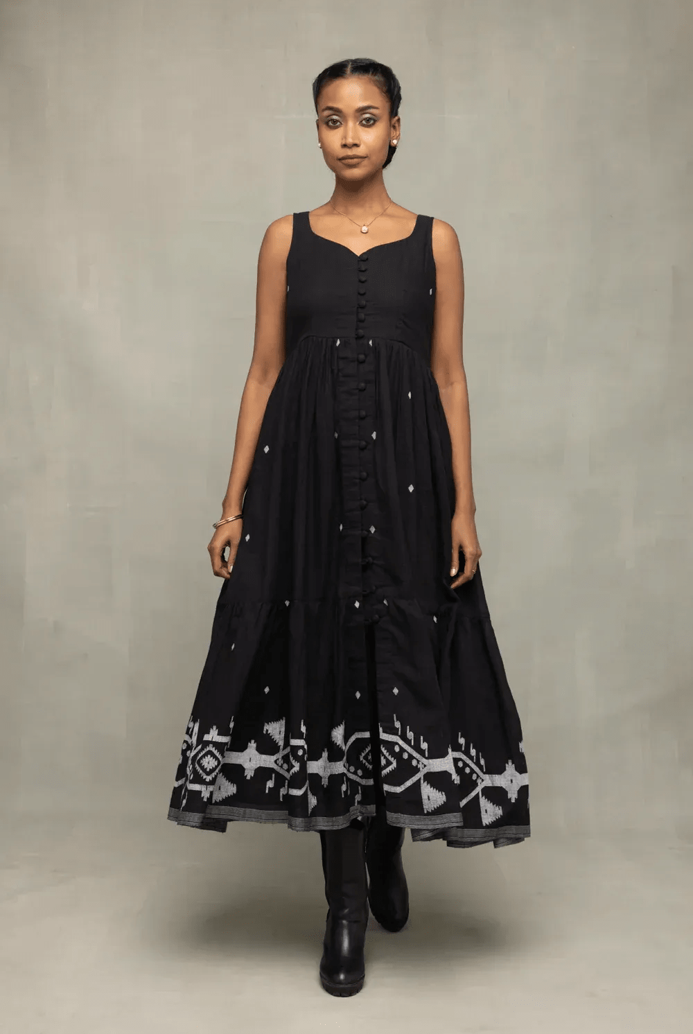 Midnight Black Handwoven Jamdani Tiered Midi Dress - CiceroniDressesSutra Art of Clothing