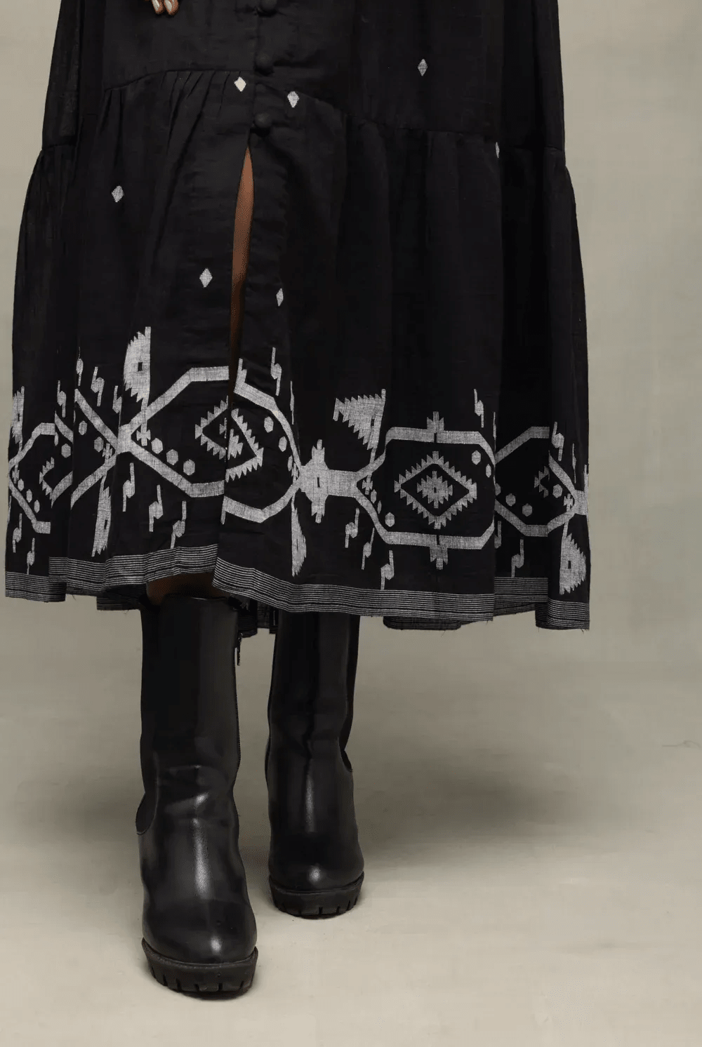 Midnight Black Handwoven Jamdani Tiered Midi Dress - CiceroniDressesSutra Art of Clothing