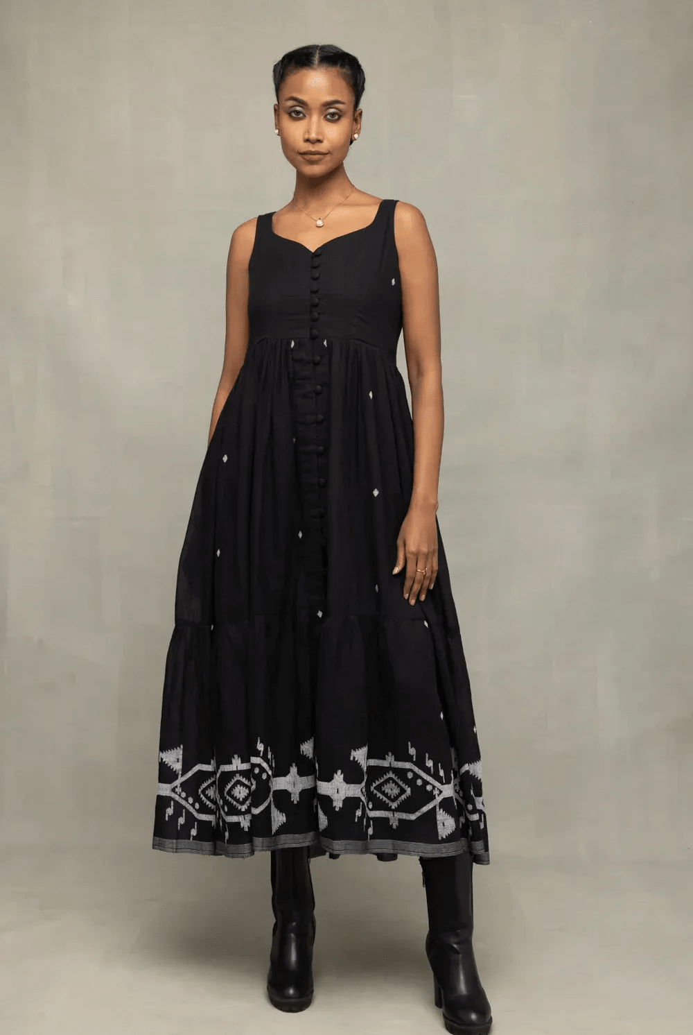 Midnight Black Handwoven Jamdani Tiered Midi Dress - CiceroniDressesSutra Art of Clothing