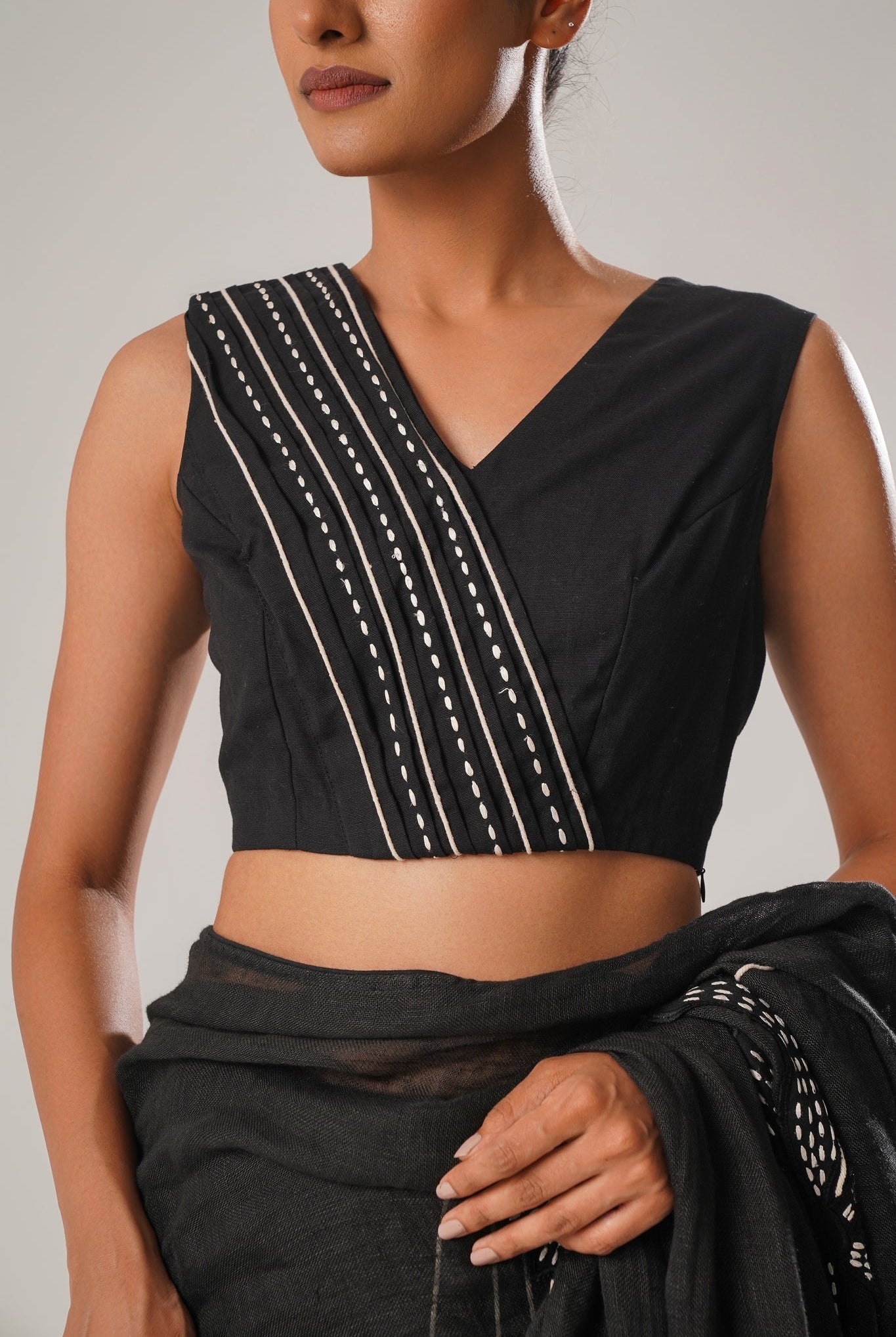 MJ Black Cotton V - neck Blouse - CiceroniBlouseATBW