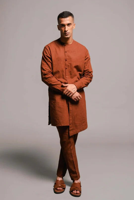 Mocha Co - Linen Men's Side Open Kurta Set - CiceroniKurta Set, Festive WearSaphed