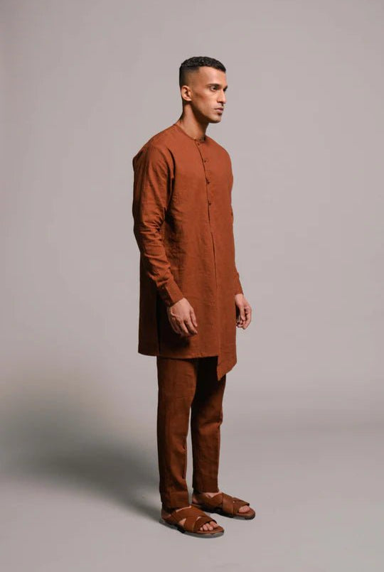 Mocha Co - Linen Men's Side Open Kurta Set - CiceroniKurta Set, Festive WearSaphed