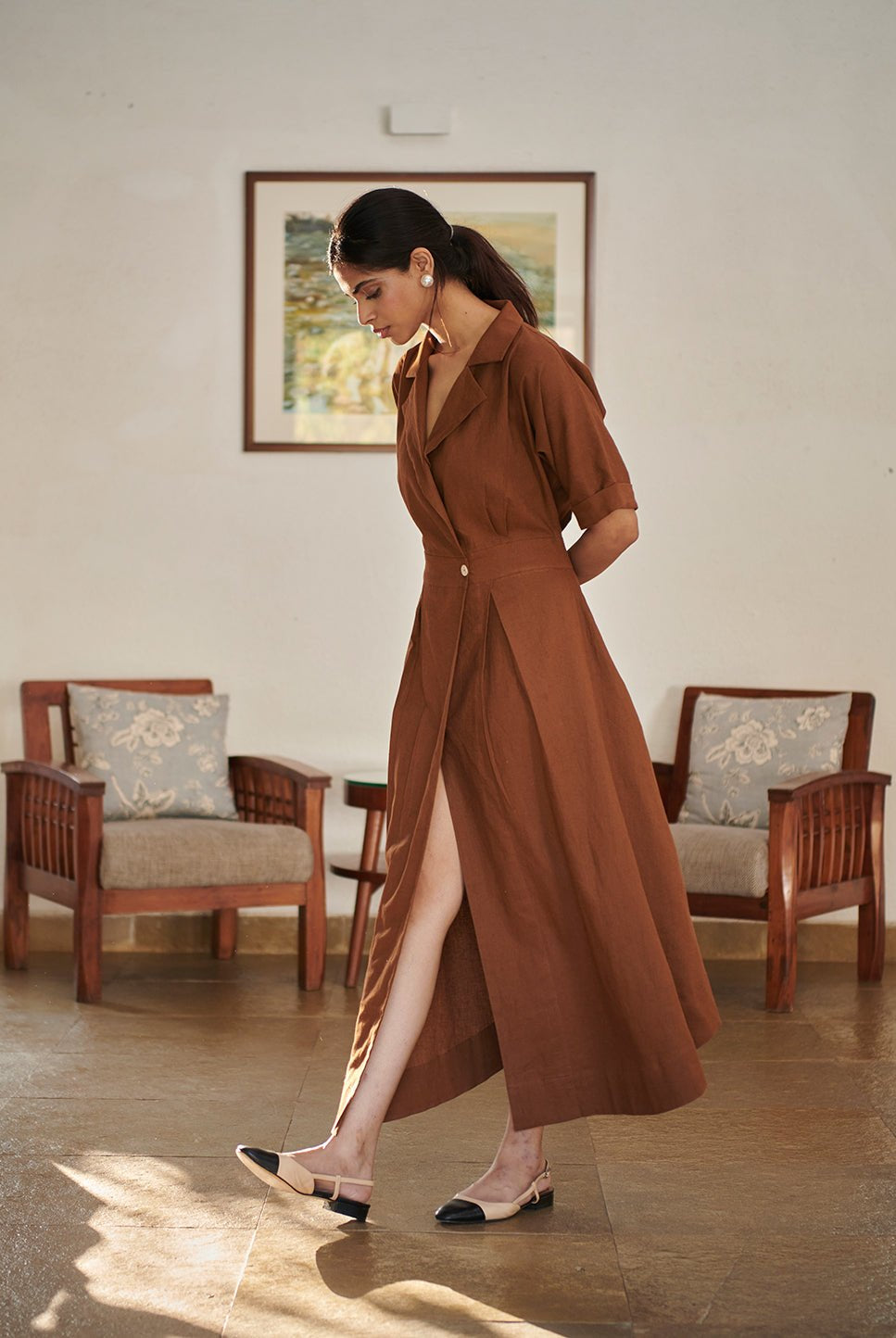 Mocha Co - Linen Wrap Dress - CiceroniDressesSaphed
