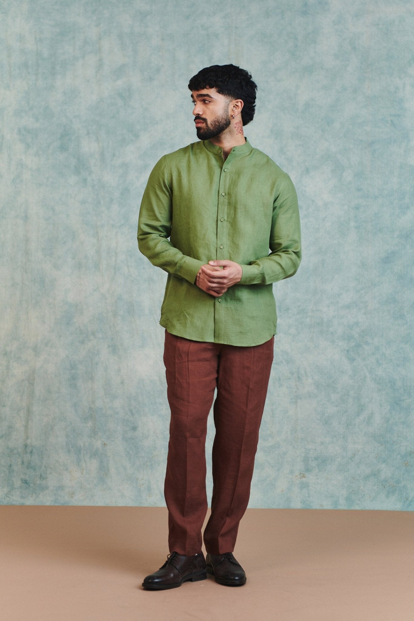 Moss Linen Men's Band Collar Shirt - CiceroniMen ShirtsSaphed