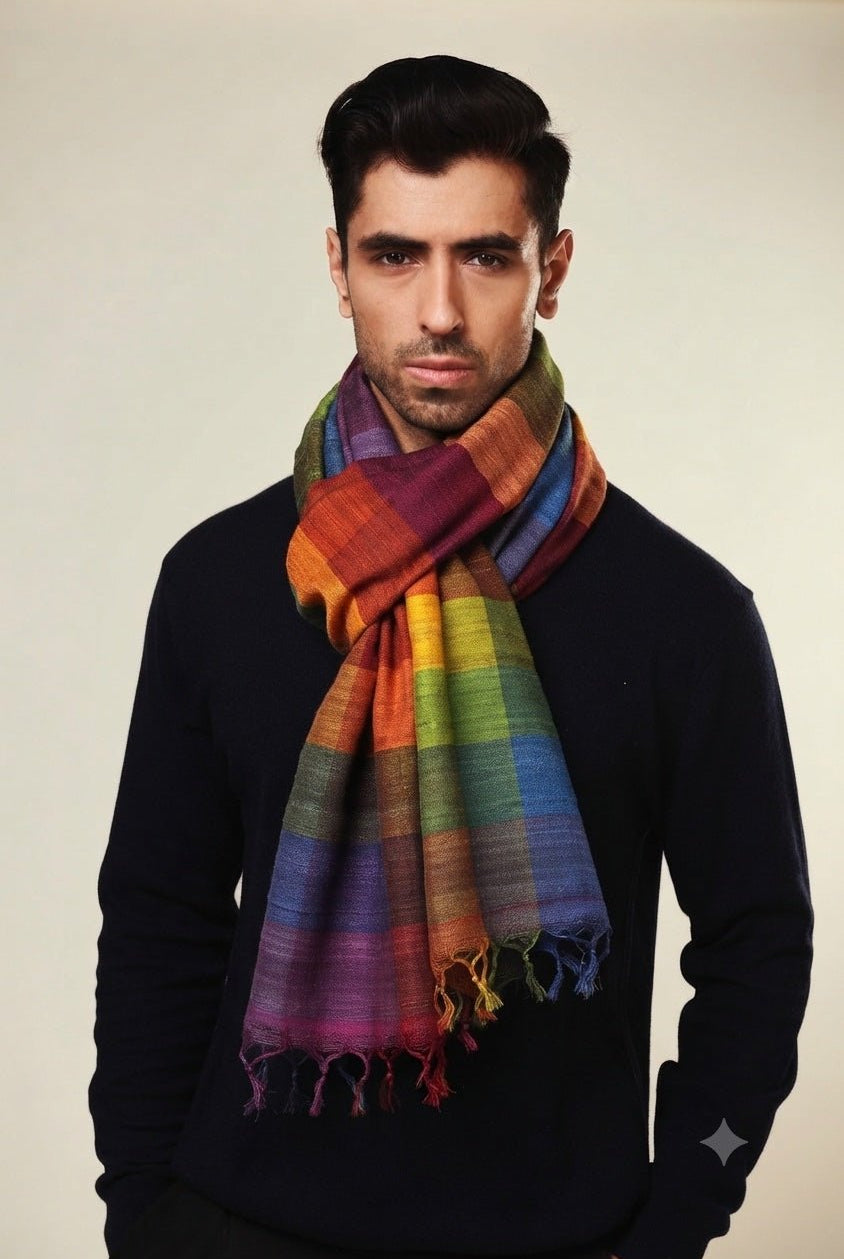 Multicolor Madras Checks Peace Silk Scarf for Men - CiceroniScarfAeshaane