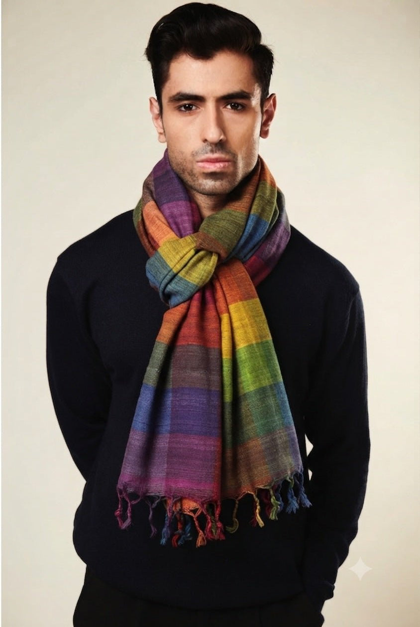 Multicolor Madras Checks Peace Silk Scarf for Men - CiceroniScarfAeshaane