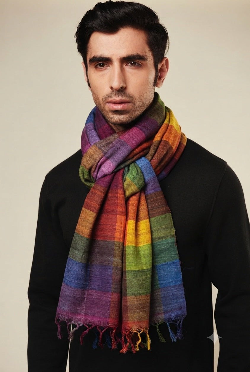 Multicolor Madras Checks Peace Silk Scarf for Men - CiceroniScarfAeshaane