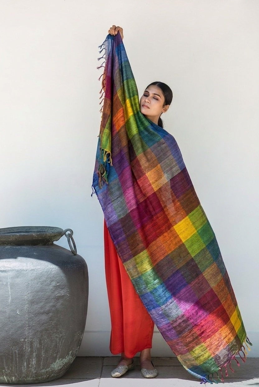 Multicolor Madras Checks Peace Silk Scarf for Women - CiceroniScarfAeshaane