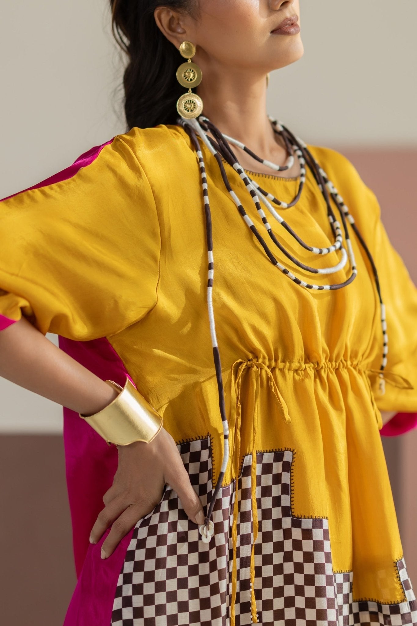 Mustard and Hot Pink Dress - CiceroniDressesTussah