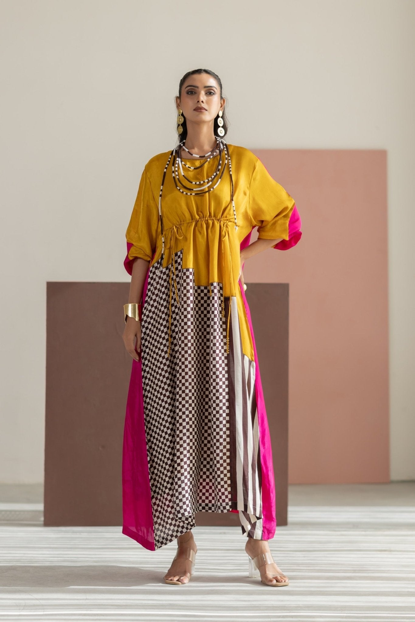 Mustard and Hot Pink Dress - CiceroniDressesTussah