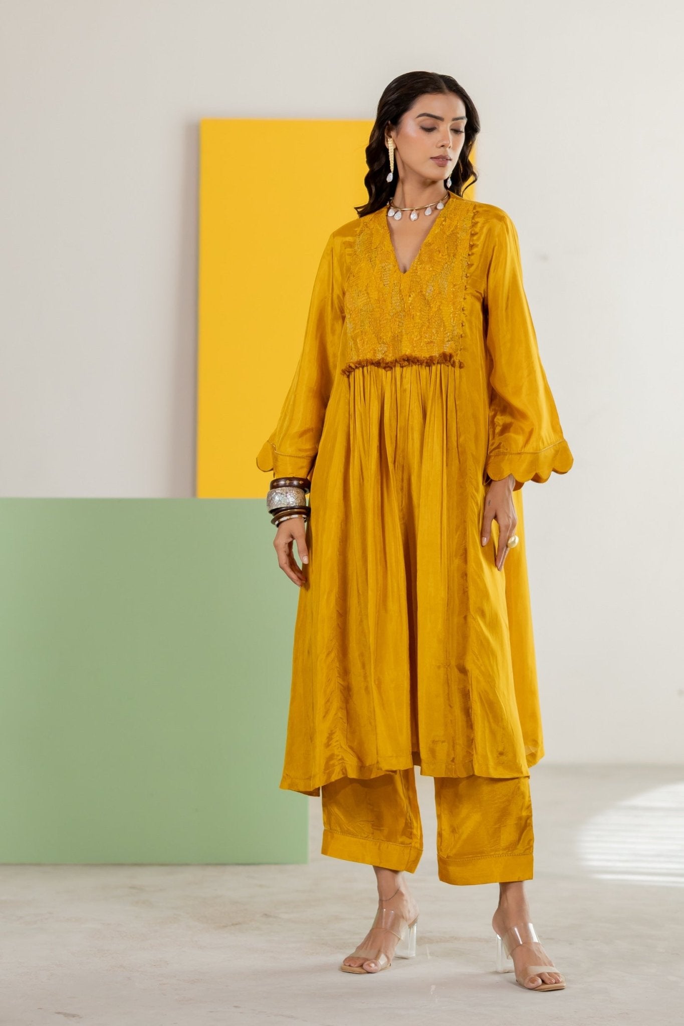 Mustard Silk Kurta Set - CiceroniKurta Set, Festive WearTussah