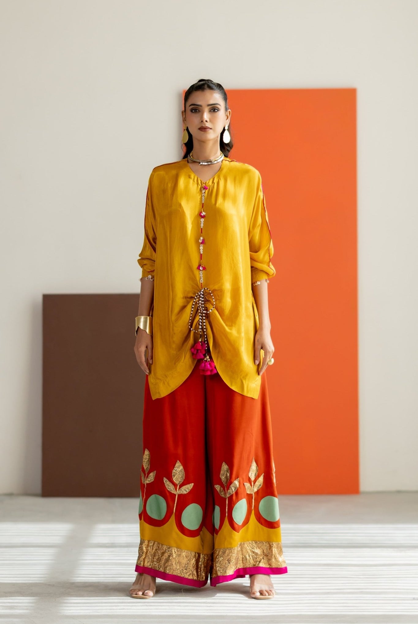 Mustard Top and Orange Lampi Gota Pants Set - CiceroniCo-ord SetTussah