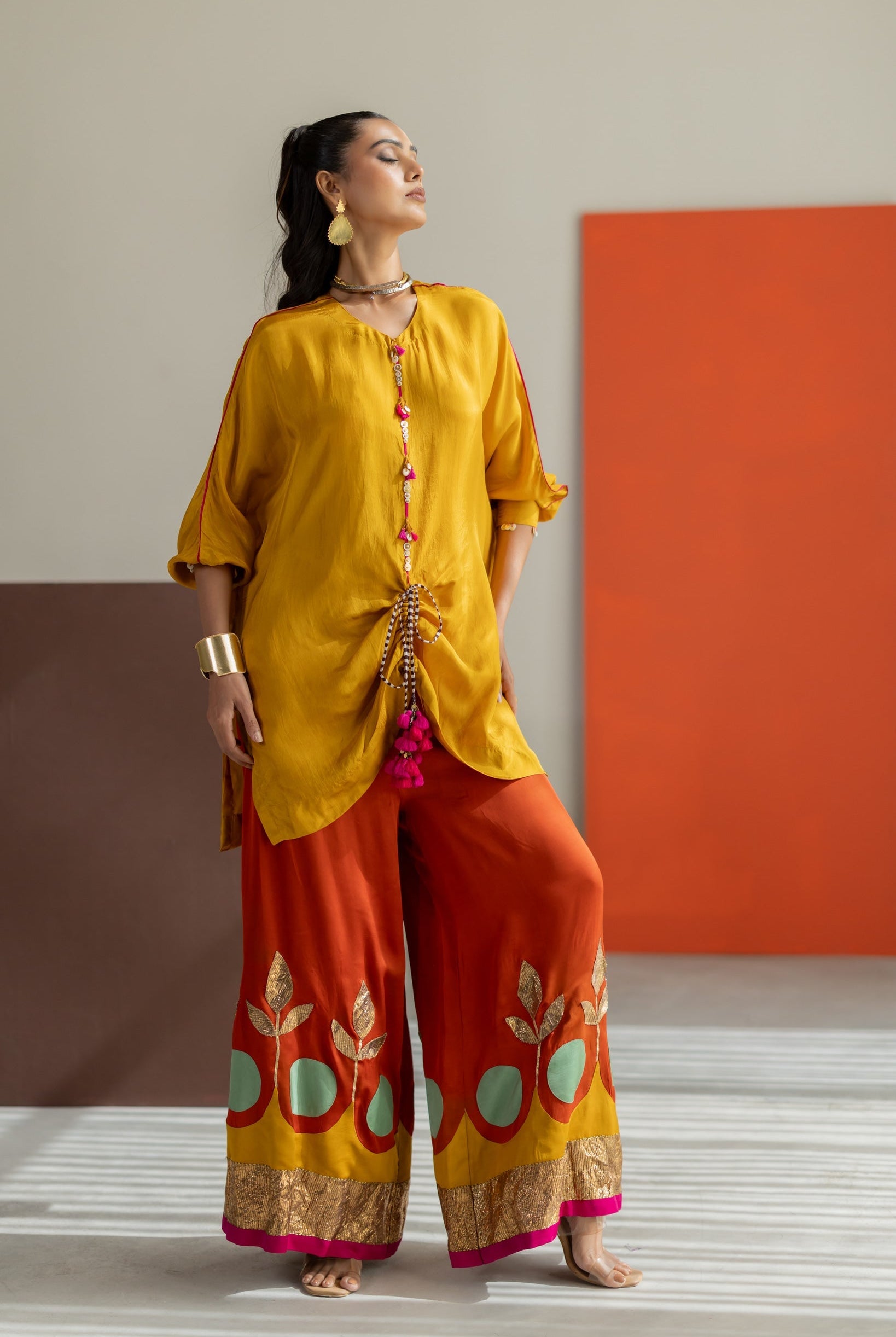 Mustard Top and Orange Lampi Gota Pants Set - CiceroniCo-ord SetTussah