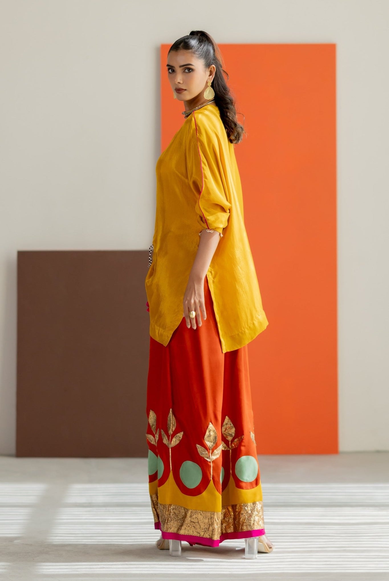 Mustard Top and Orange Lampi Gota Pants Set - CiceroniCo-ord SetTussah