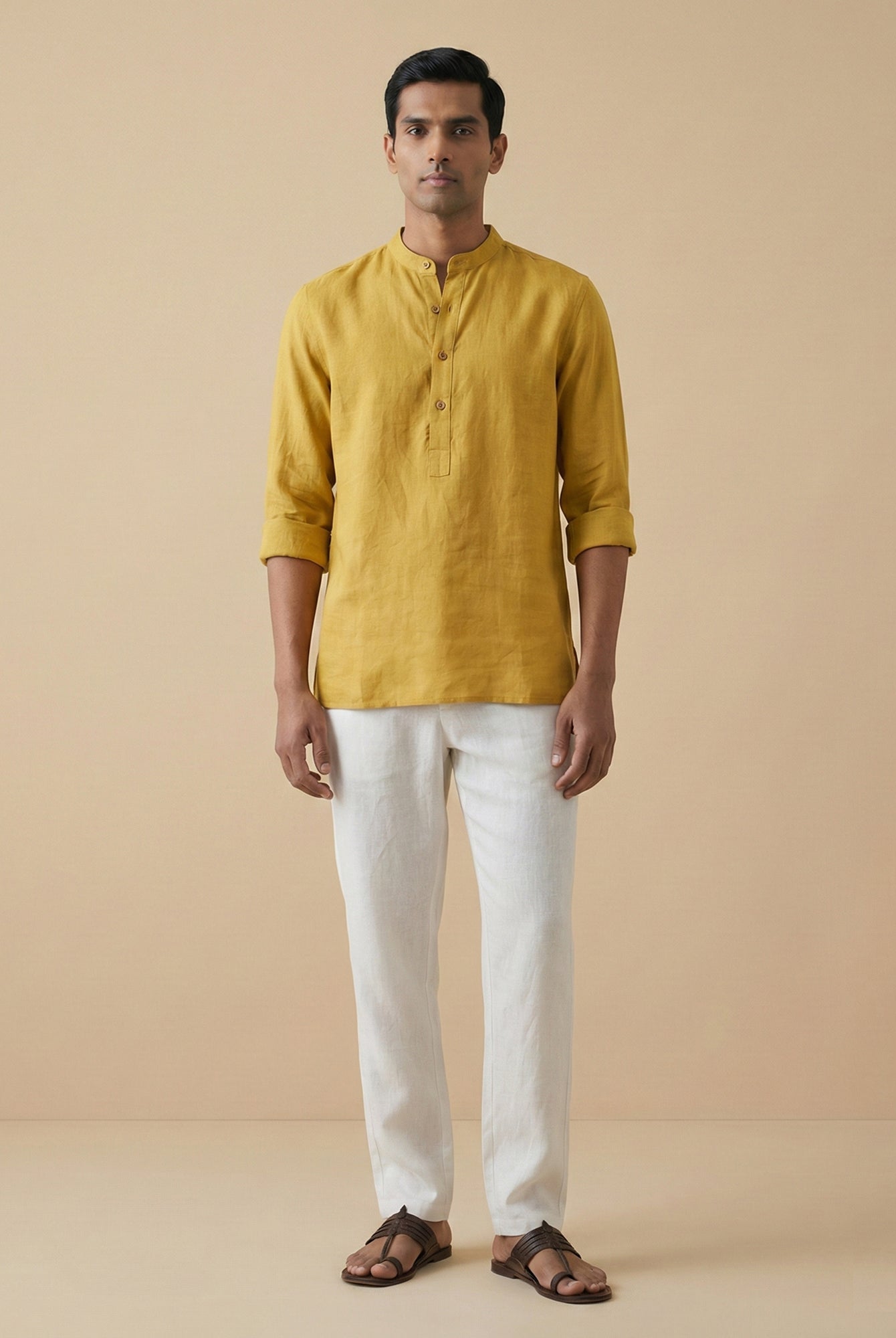 Mustard Yellow 100% Pure Linen Classic Short Kurta - CiceroniKurta, Everyday Wearbhrāta