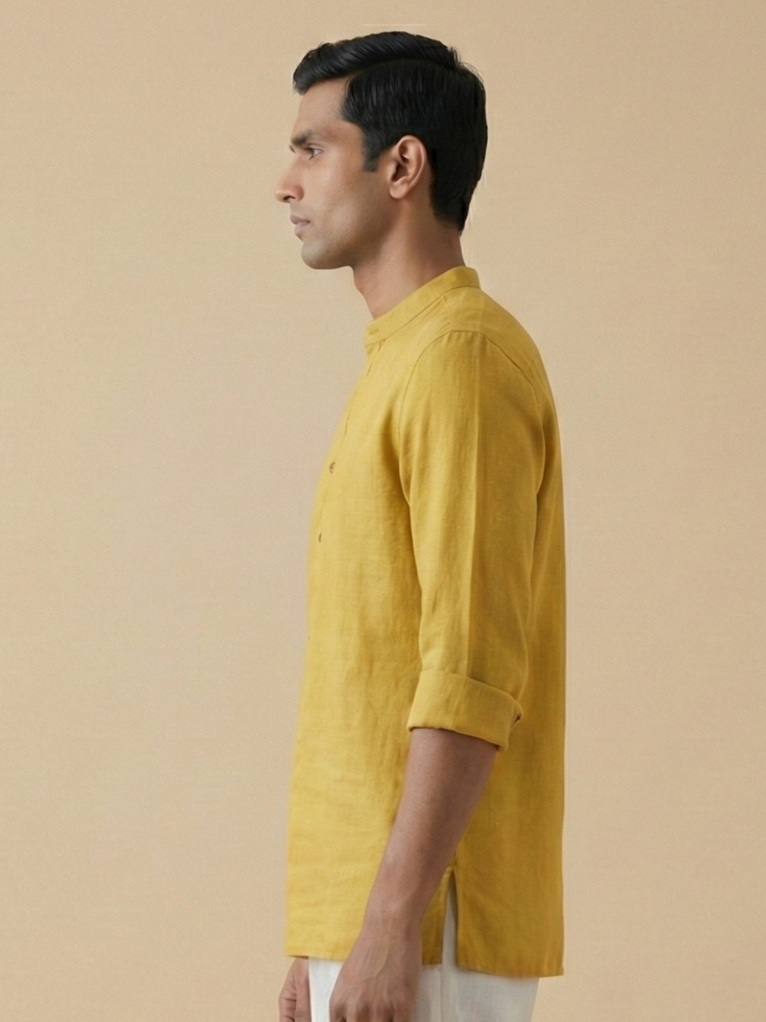 Mustard Yellow 100% Pure Linen Classic Short Kurta - CiceroniKurta, Everyday Wearbhrāta