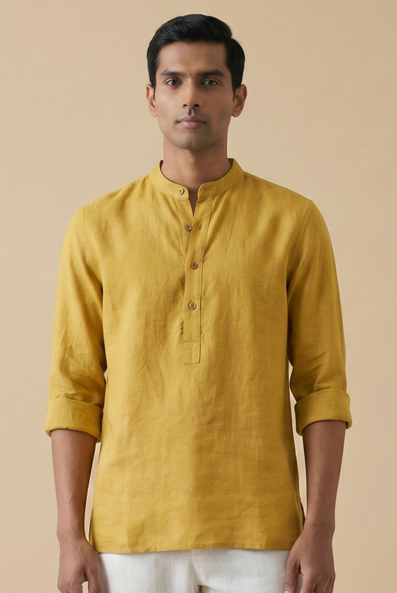 Mustard Yellow 100% Pure Linen Classic Short Kurta - CiceroniKurta, Everyday Wearbhrāta