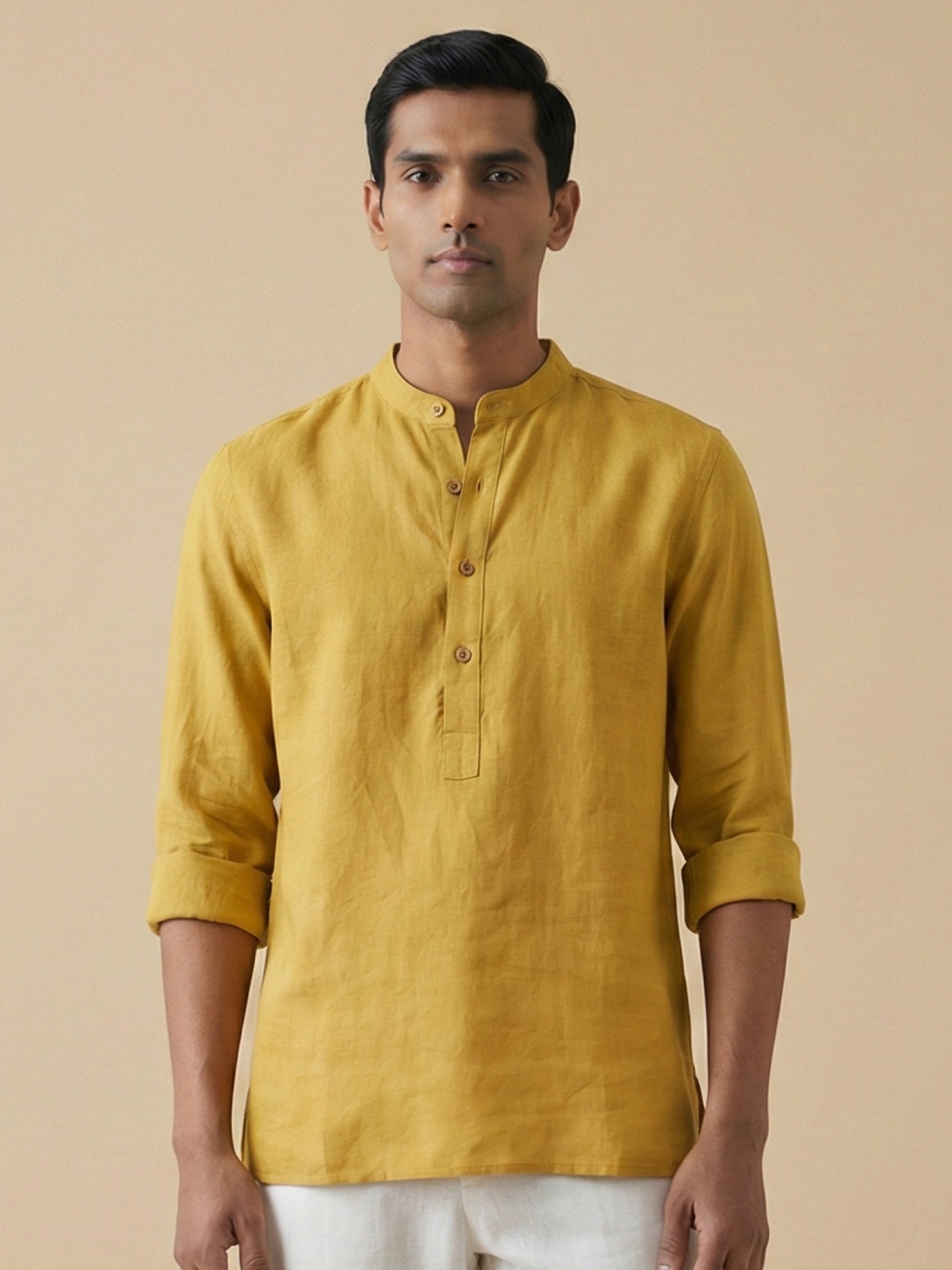 Mustard Yellow 100% Pure Linen Classic Short Kurta - CiceroniKurta, Everyday Wearbhrāta