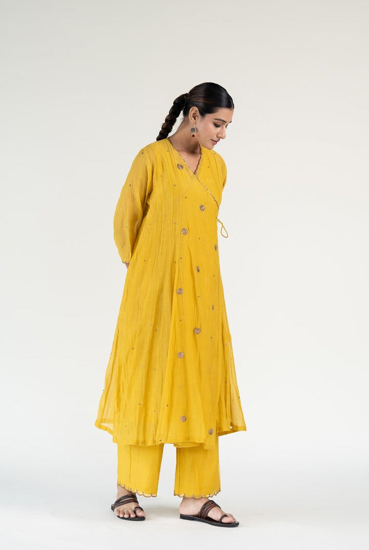 Mustard Yellow Angarkha Set with Shama Odhani - CiceroniKurta Set, Festive WearNirjara