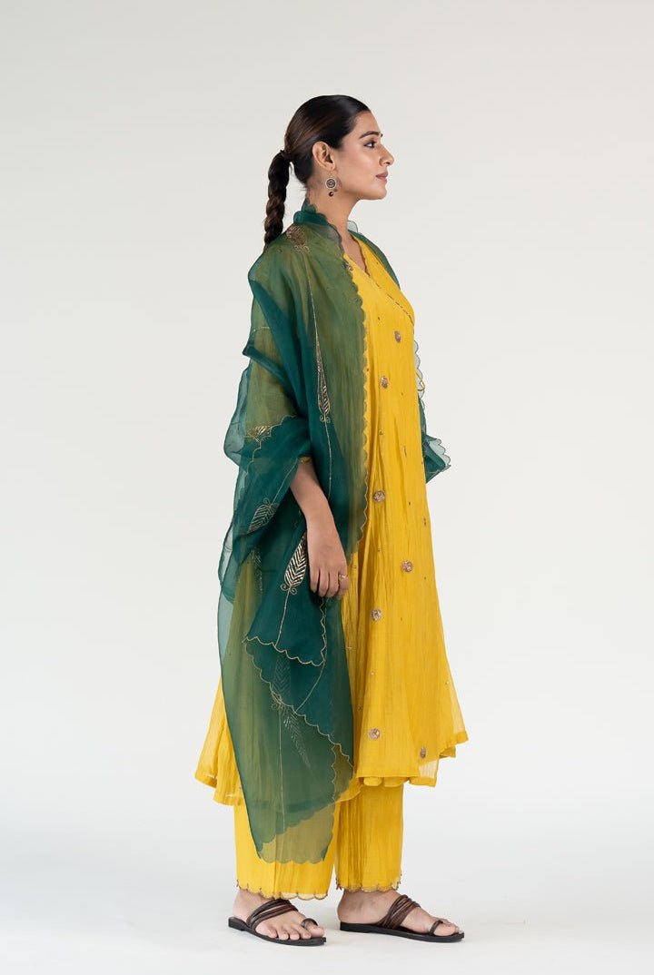Mustard Yellow Angarkha Set with Shama Odhani - CiceroniKurta Set, Festive WearNirjara