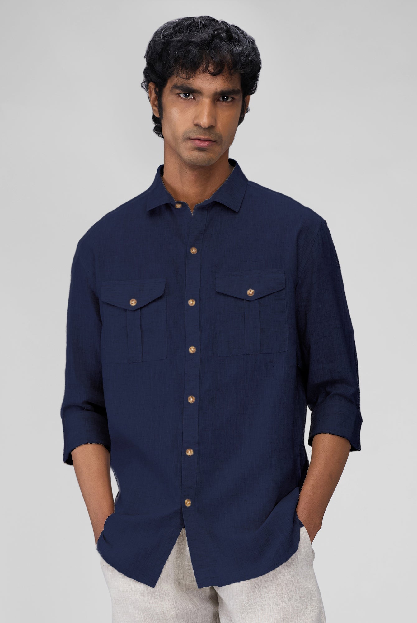 Navy 100% Linen Safari Shirt - CiceroniMen Shirtsbhrāta