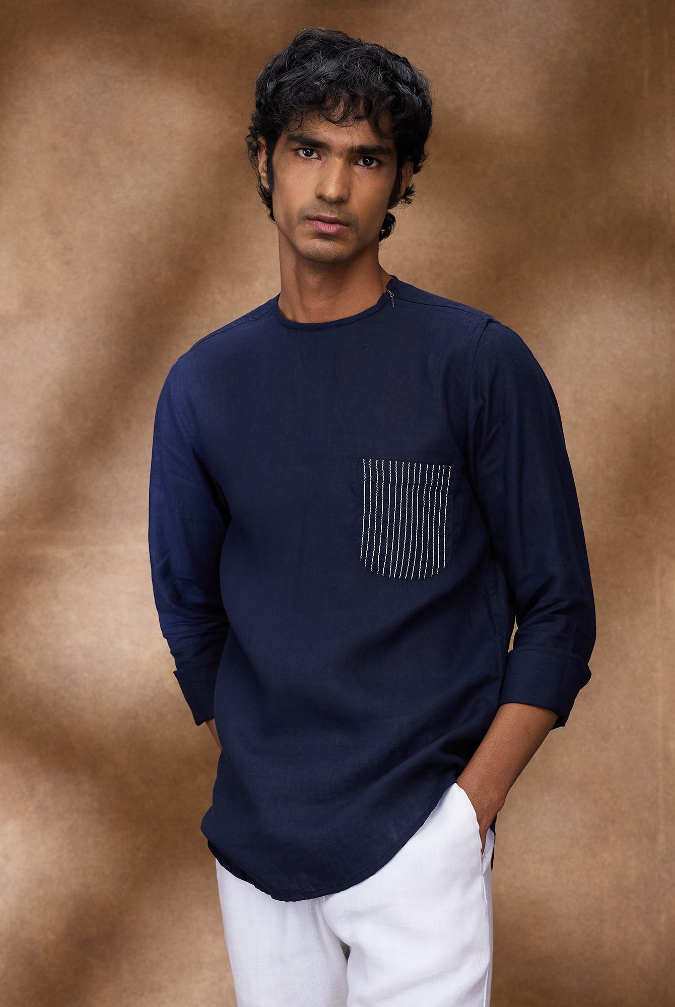Navy 100% Linen Zippered Kurta - CiceroniMen Shirtsbhrāta