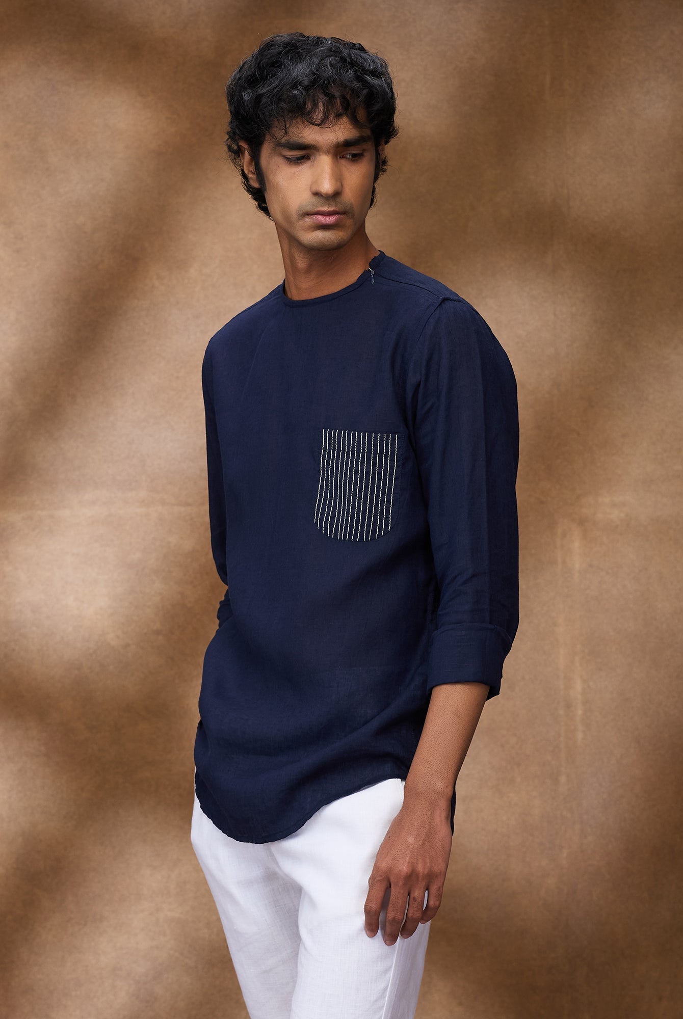 Navy 100% Linen Zippered Kurta - CiceroniMen Shirtsbhrāta