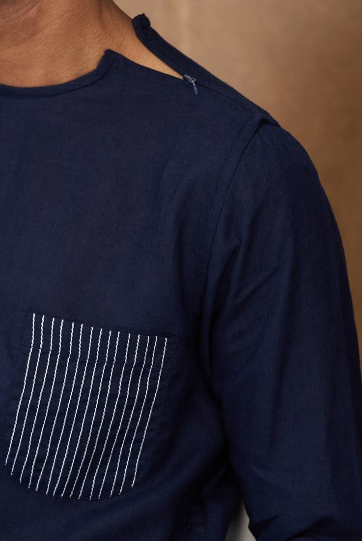 Navy 100% Linen Zippered Kurta - CiceroniMen Shirtsbhrāta