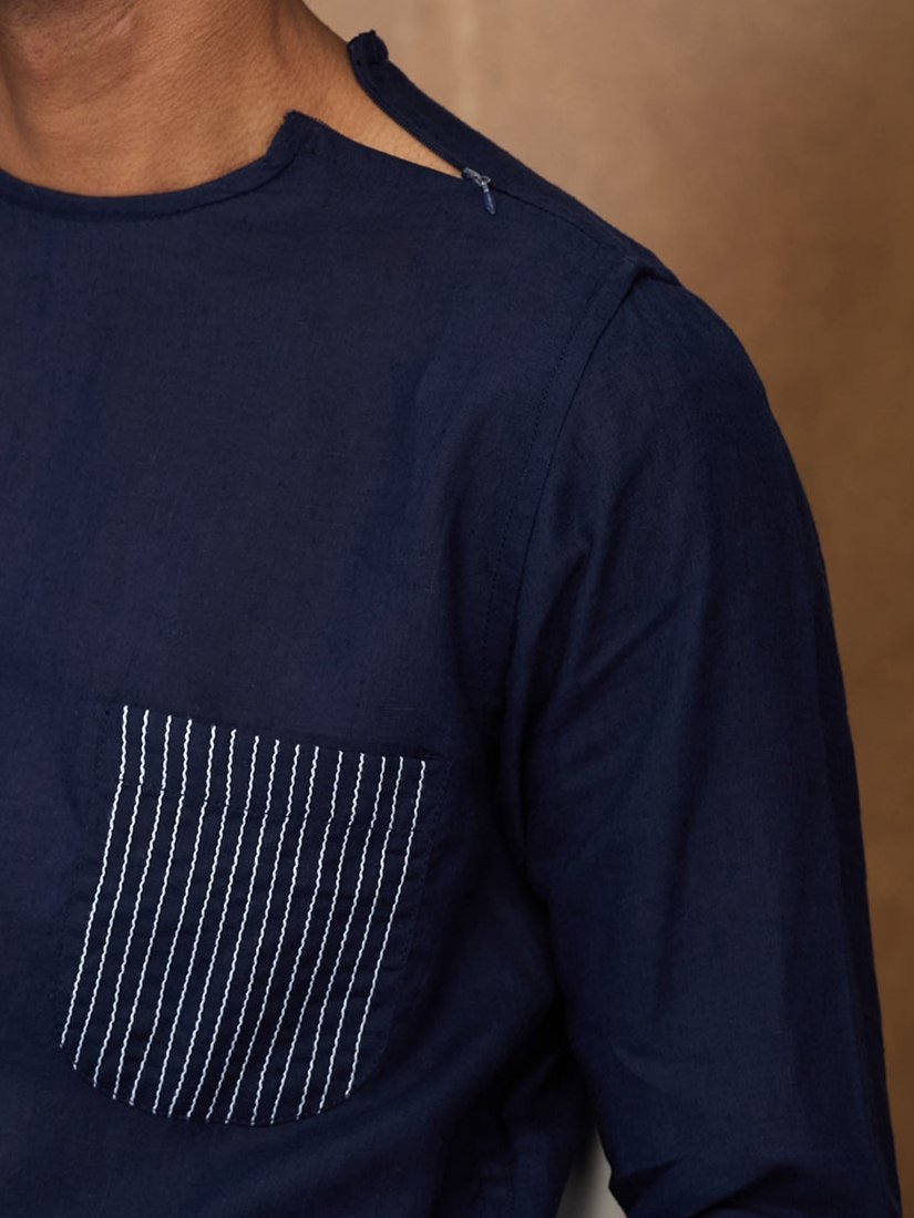 Navy 100% Linen Zippered Kurta - CiceroniMen Shirtsbhrāta
