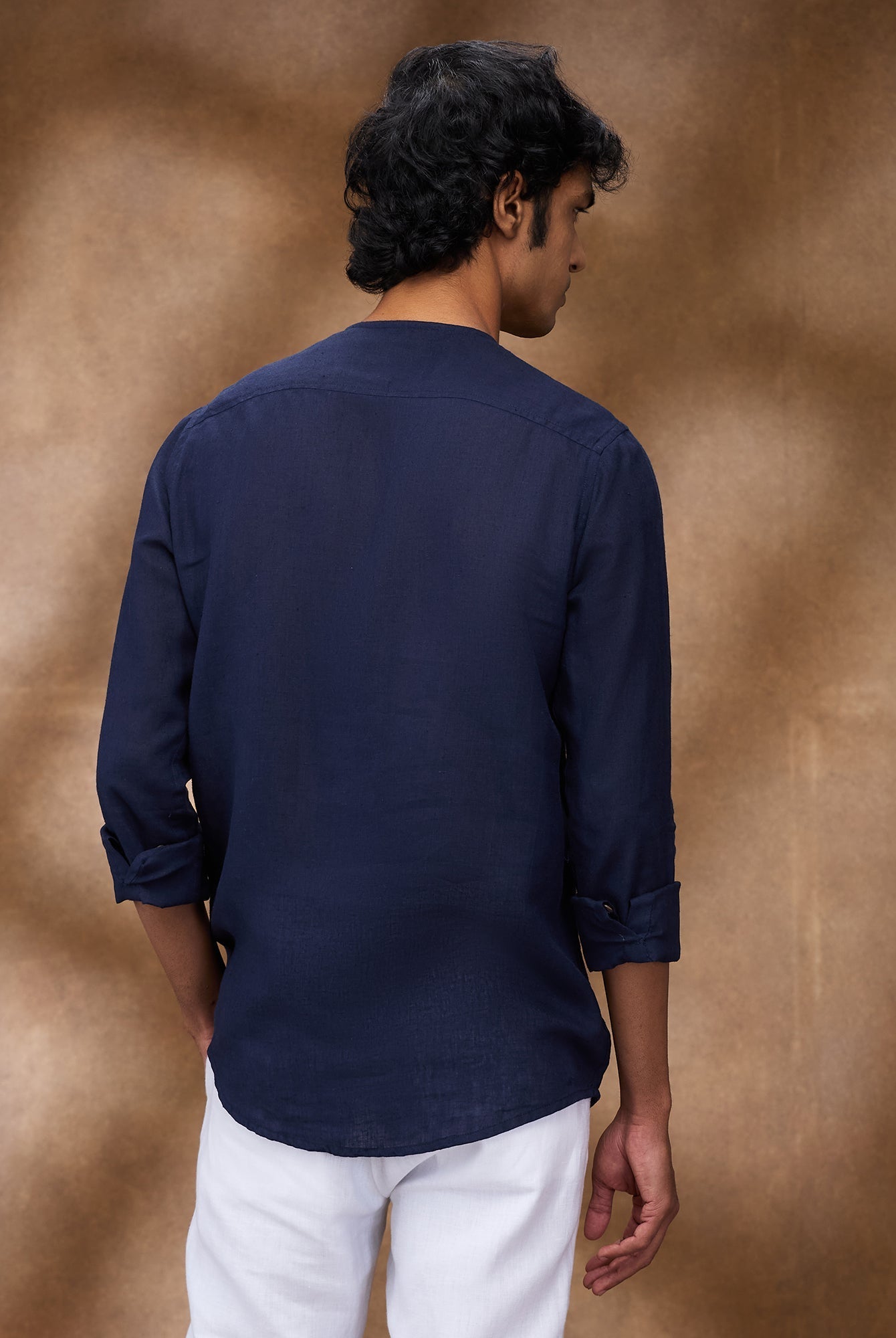 Navy 100% Linen Zippered Kurta - CiceroniMen Shirtsbhrāta