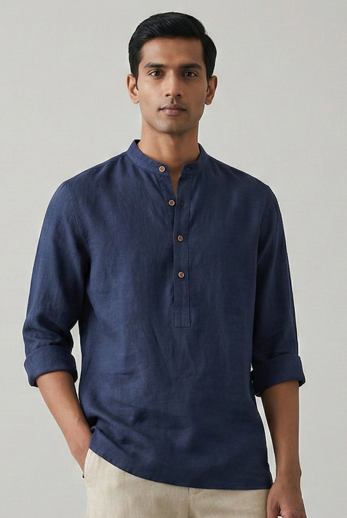 Navy 100% Pure Linen Classic Short Kurta - CiceroniKurta, Everyday Wearbhrāta