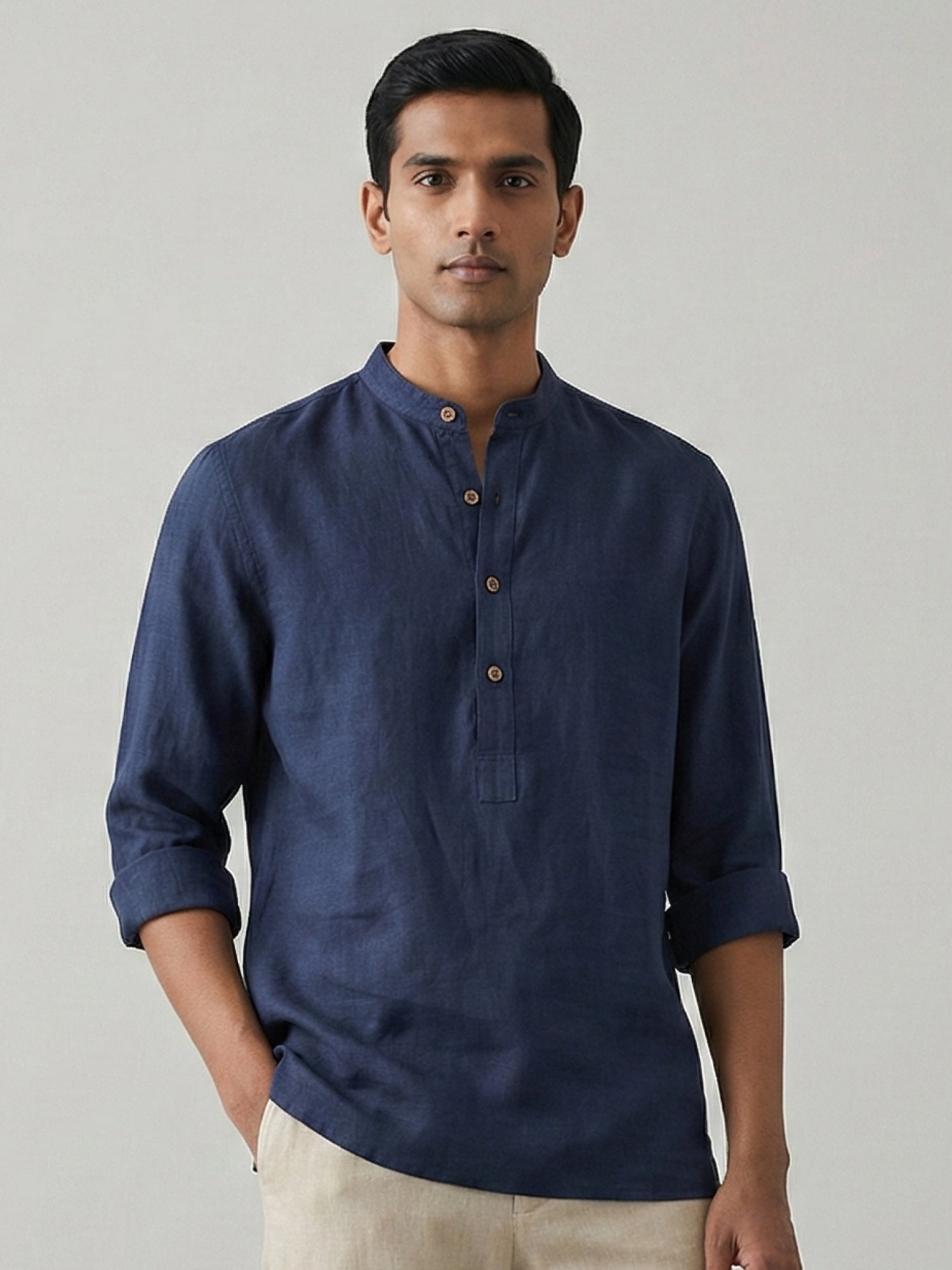 Navy 100% Pure Linen Classic Short Kurta - CiceroniKurta, Everyday Wearbhrāta