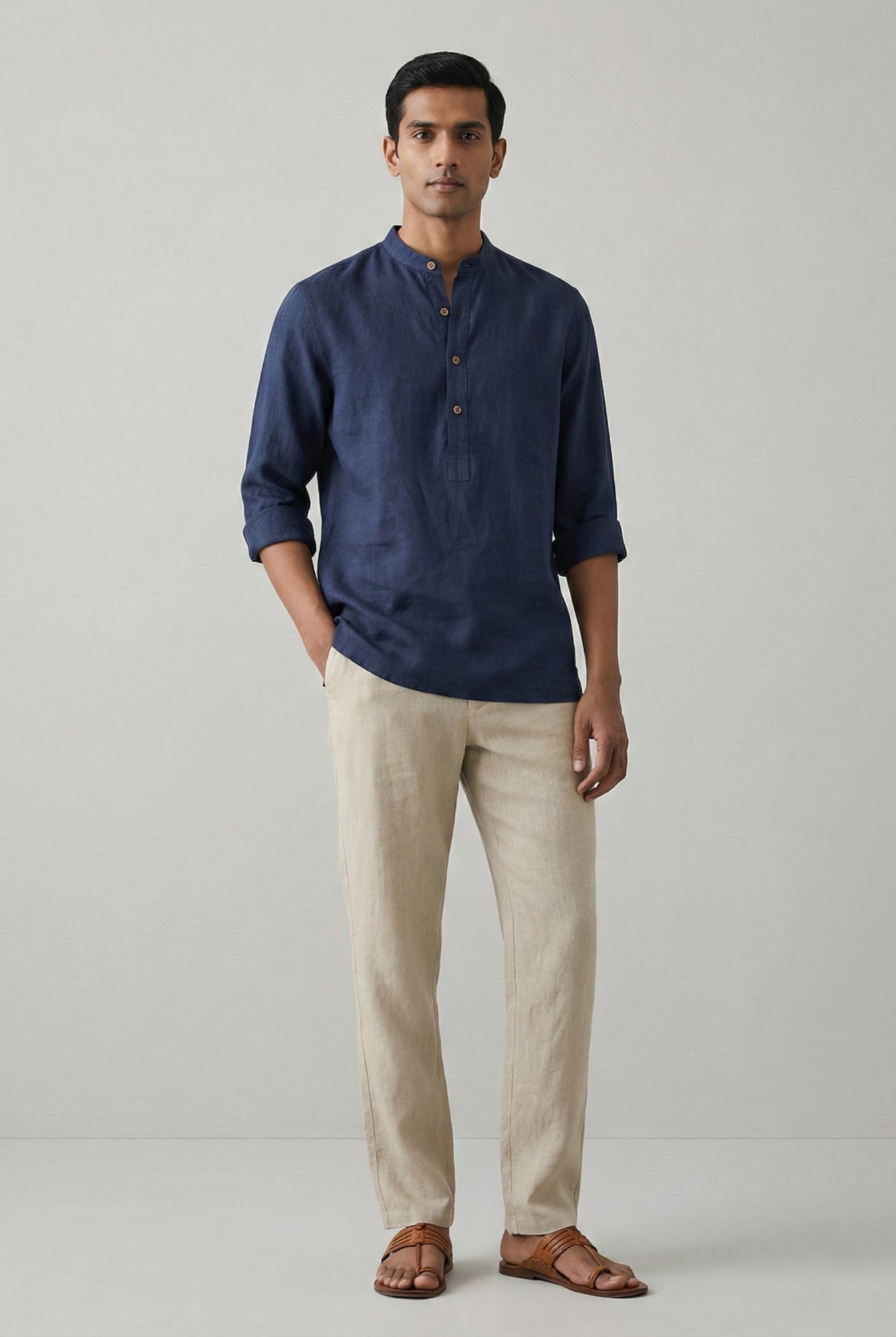 Navy 100% Pure Linen Classic Short Kurta - CiceroniKurta, Everyday Wearbhrāta