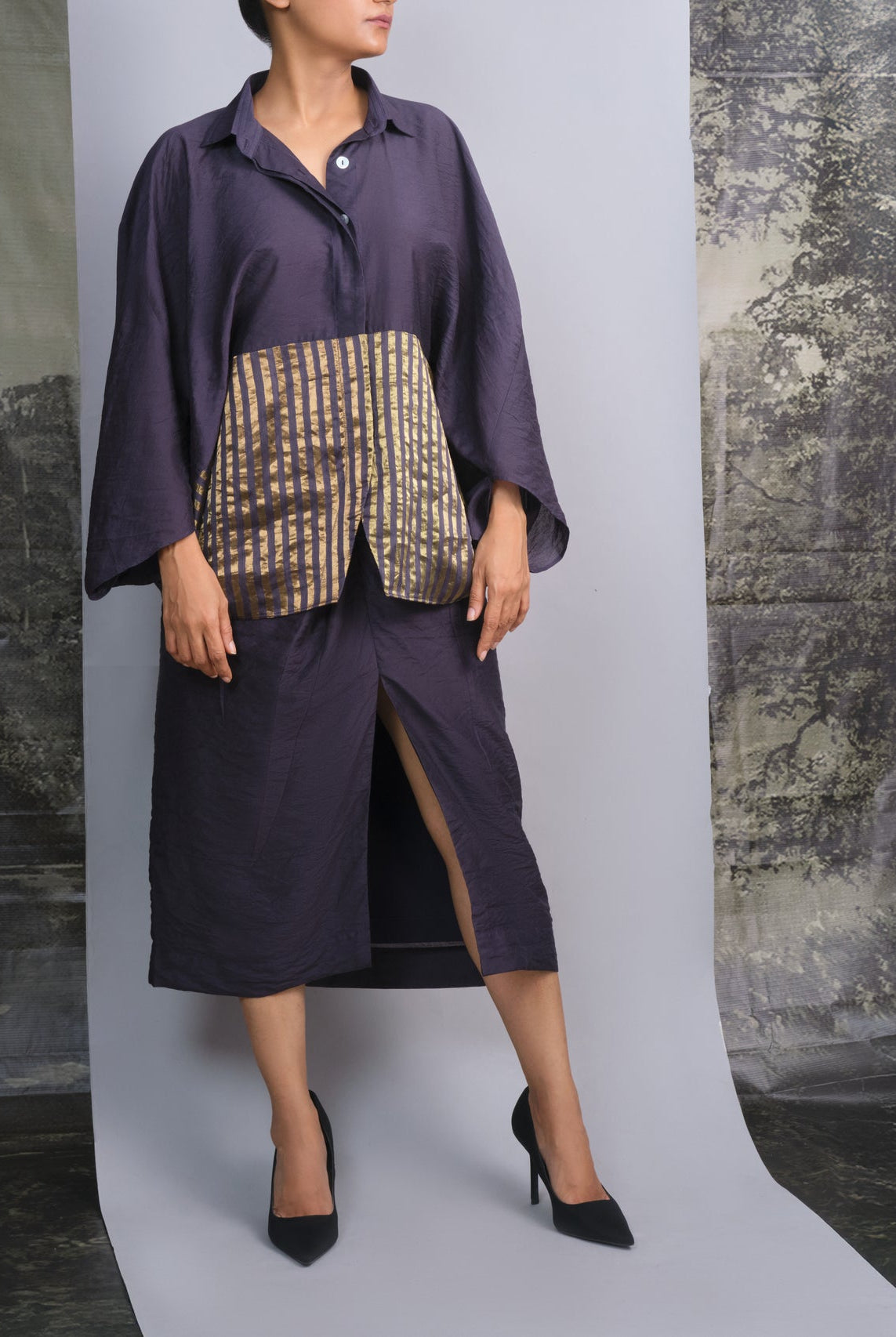 Navy Blue Chanderi Batwing Co - ord Set - CiceroniSkirt SetOtouto