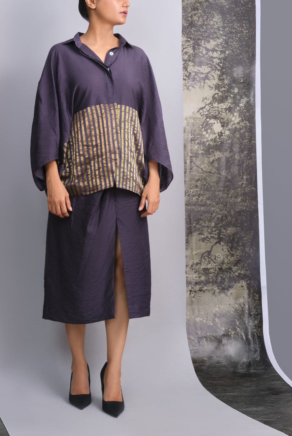 Navy Blue Chanderi Batwing Co - ord Set - CiceroniSkirt SetOtouto