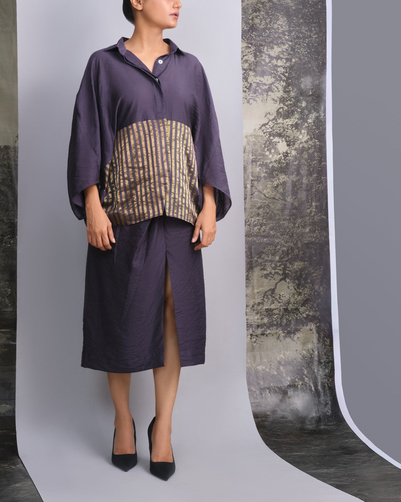 Navy Blue Chanderi Batwing Co - ord Set - CiceroniSkirt SetOtouto