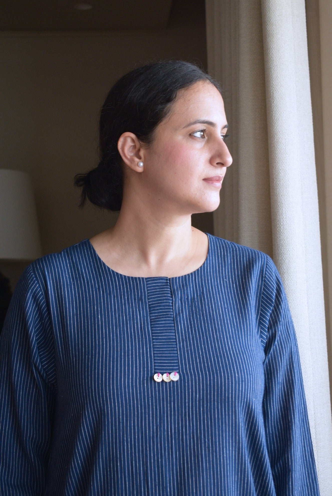 Navy Blue Striped Co - ord Set in Handwoven Cotton - CiceroniKurta Set, Everyday WearHouse of Moxa