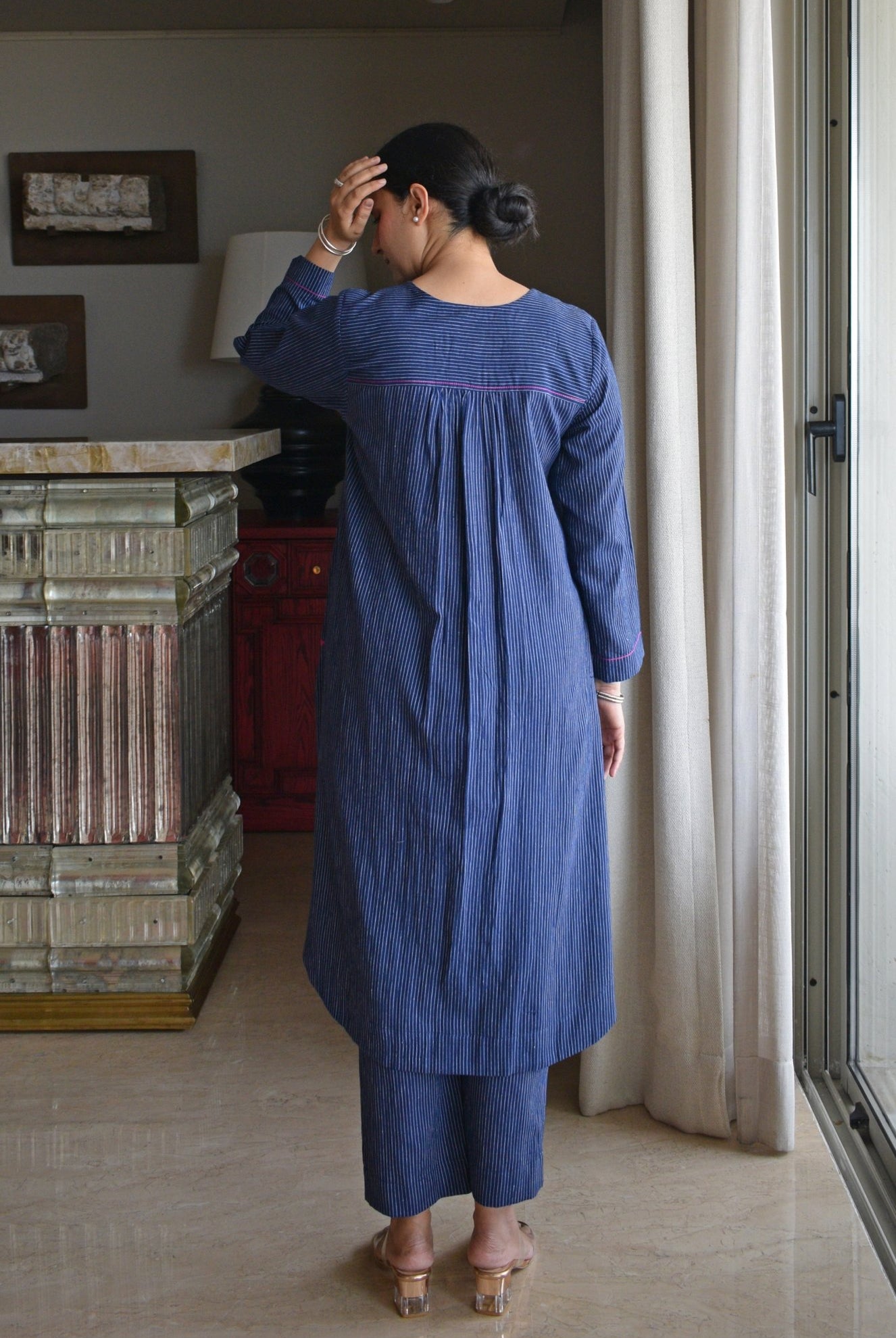 Navy Blue Striped Co - ord Set in Handwoven Cotton - CiceroniKurta Set, Everyday WearHouse of Moxa